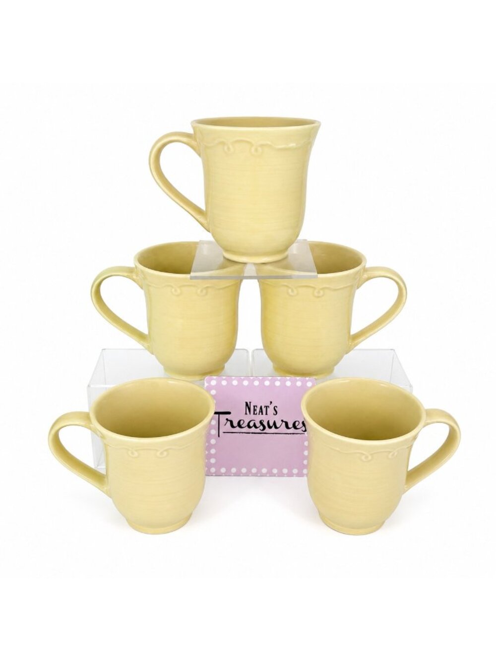 Corning Ware Corelle TRADITIONS YELLOW Embossed Stoneware 14oz Cups Mugs Set 5